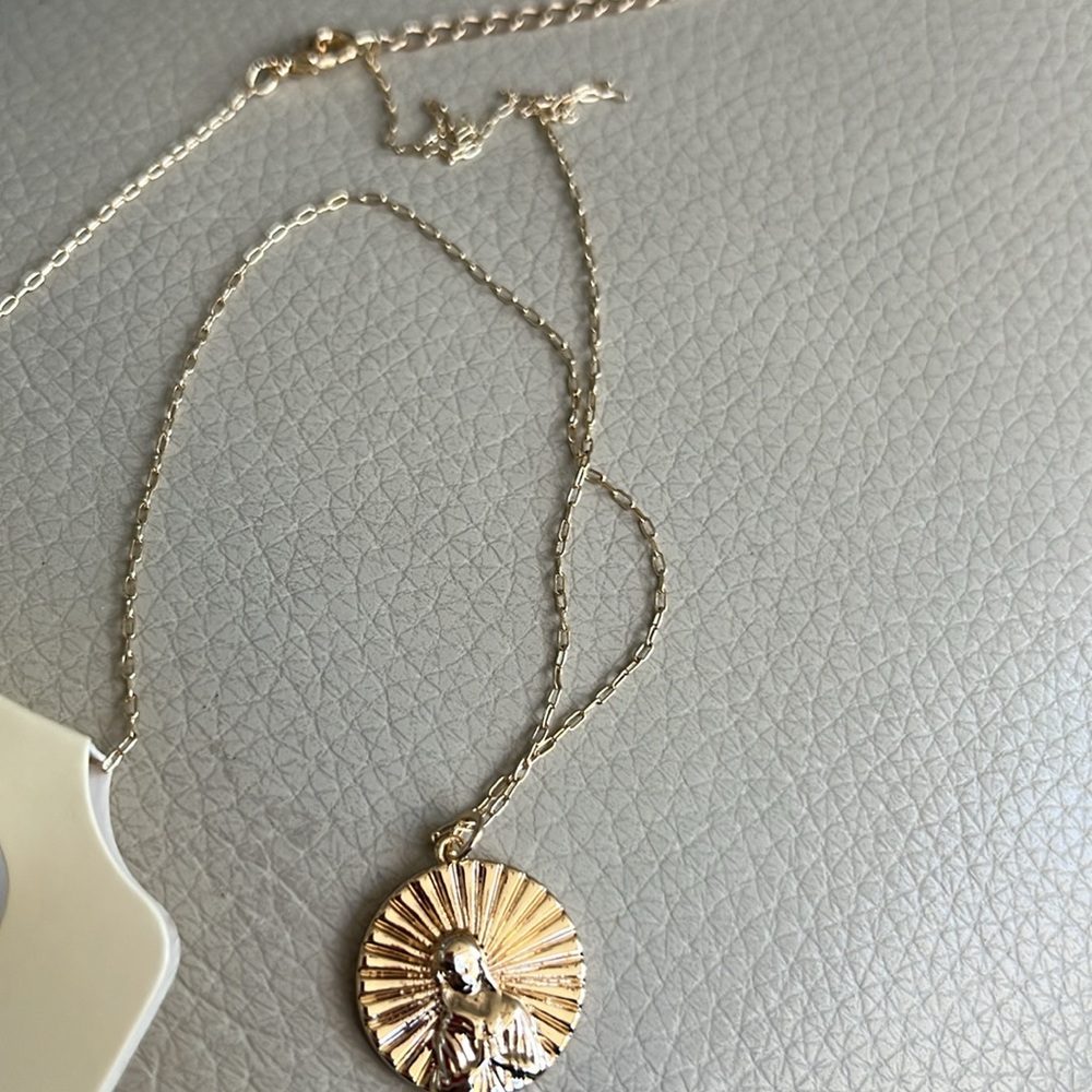 Blessed Mother gold tone necklace with cross earrings!  New.